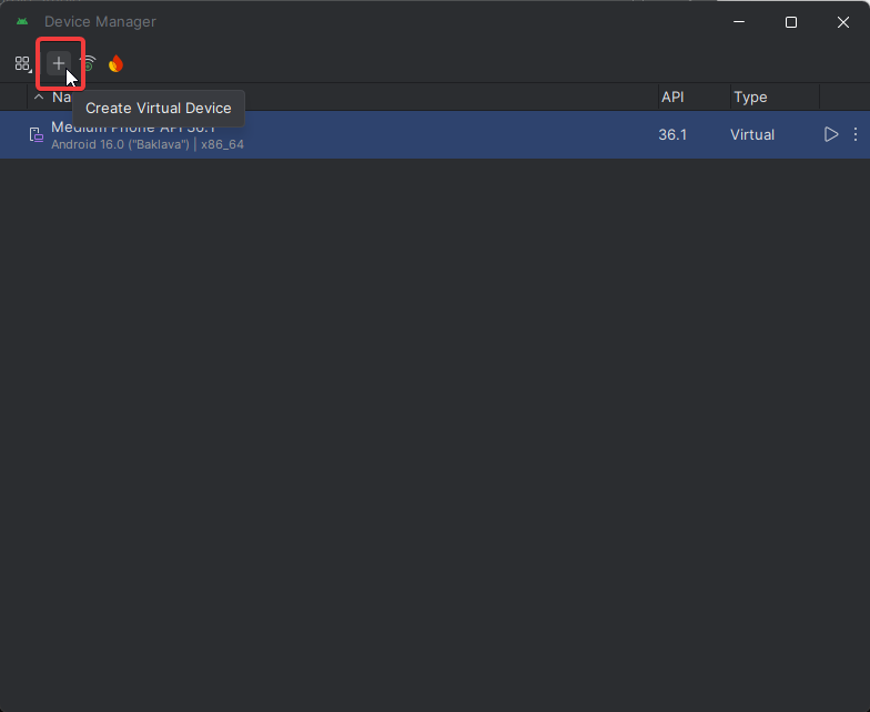 Create Virtual Device button