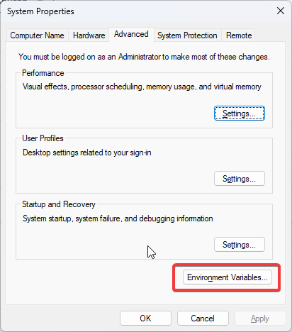 Environment Variables button